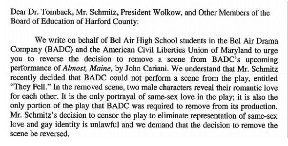 UPDATE: Harford County Public Schools Reverses Censorship Decision Following ACLU Opposition; Bel Air High School Play to Debut Uncut