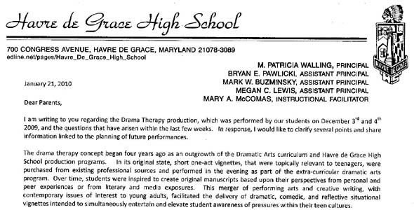 Letter from Havre de Grace Principal Outlines Action Plan for Drama Therapy