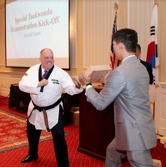 Governor Hogan Breaks Boards for Taekwondo Day at Harford Community College
